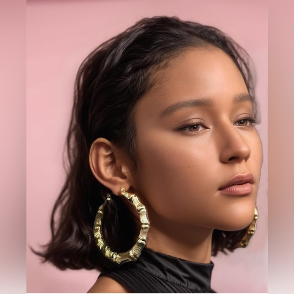 Gold Exaggerated Bamboo Hoop Earrings - Picture 3 of 10